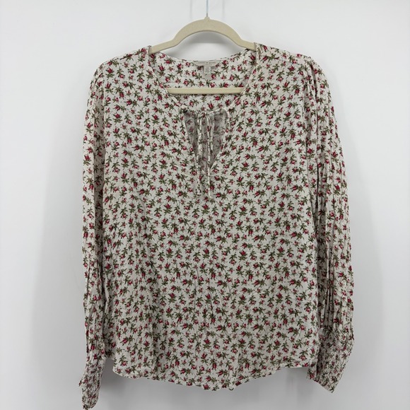 Lucky Brand Tops - Lucky Brand‎ Womens Large Cream Red Floral Viscose Split Tie Neck Smocked Blouse